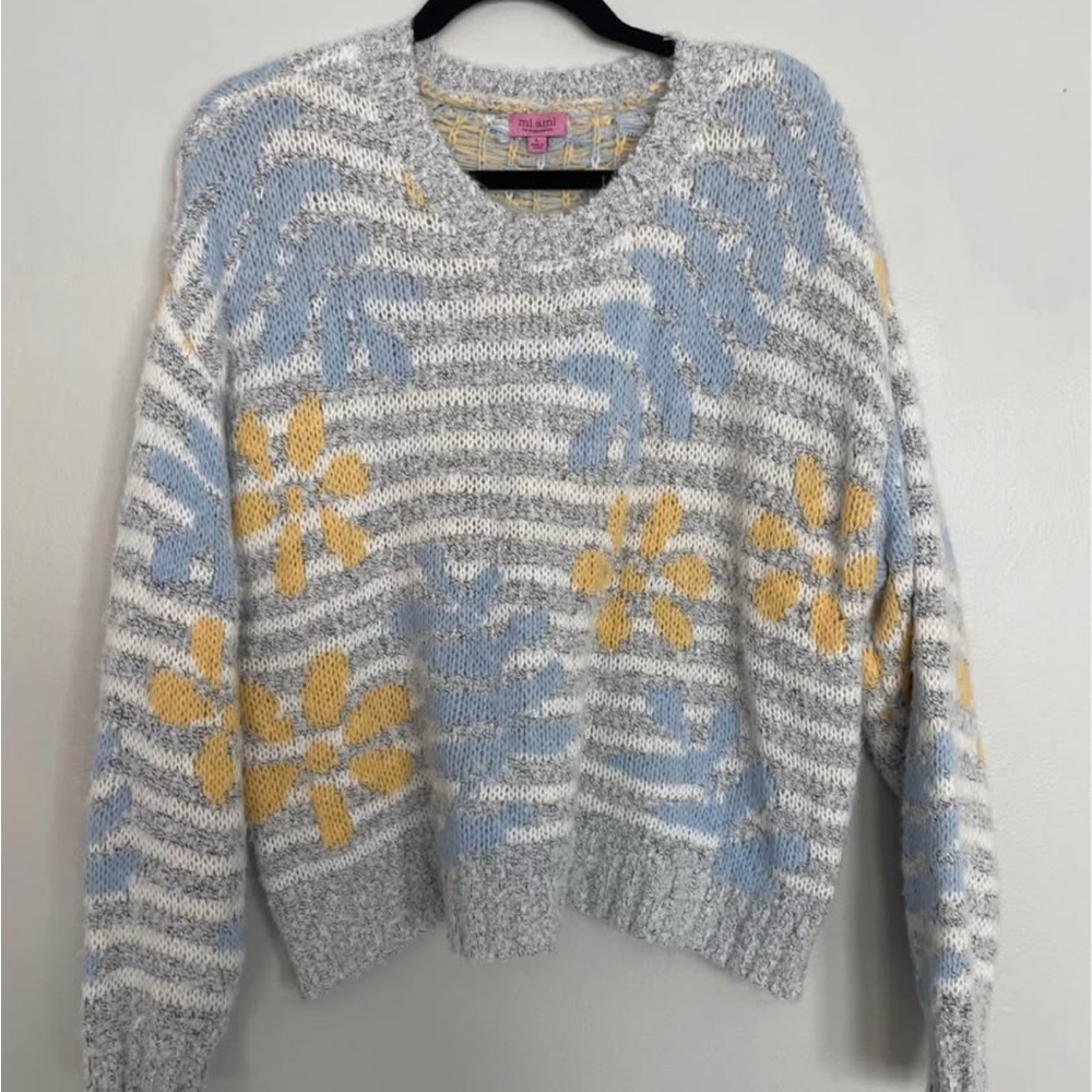 Miami Gray Sweater with Blue and Yellow Floral Design